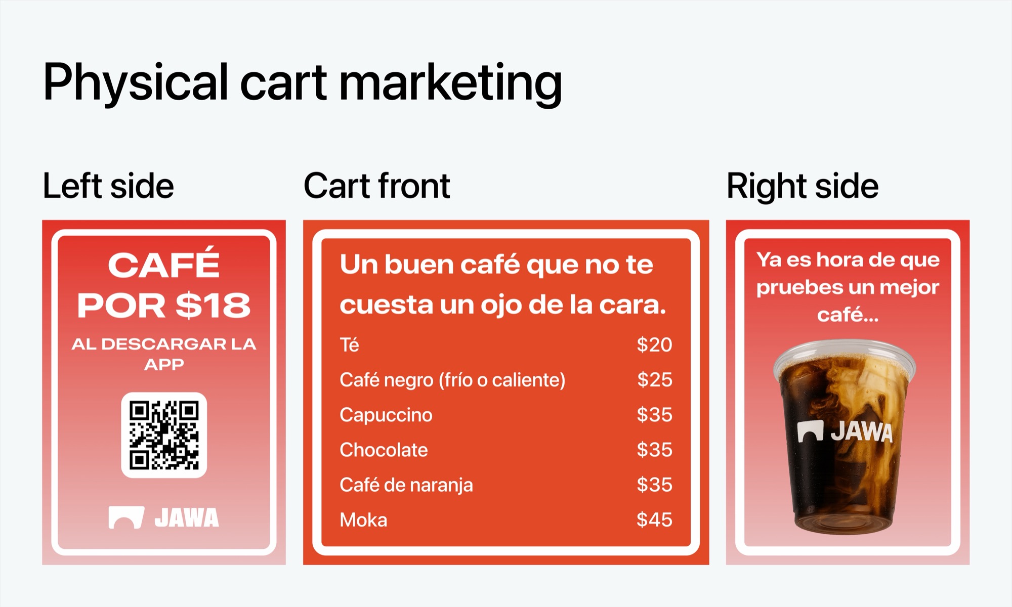 JAWA physical cart marketing — download hook, menu, and teaser across the cart's three faces