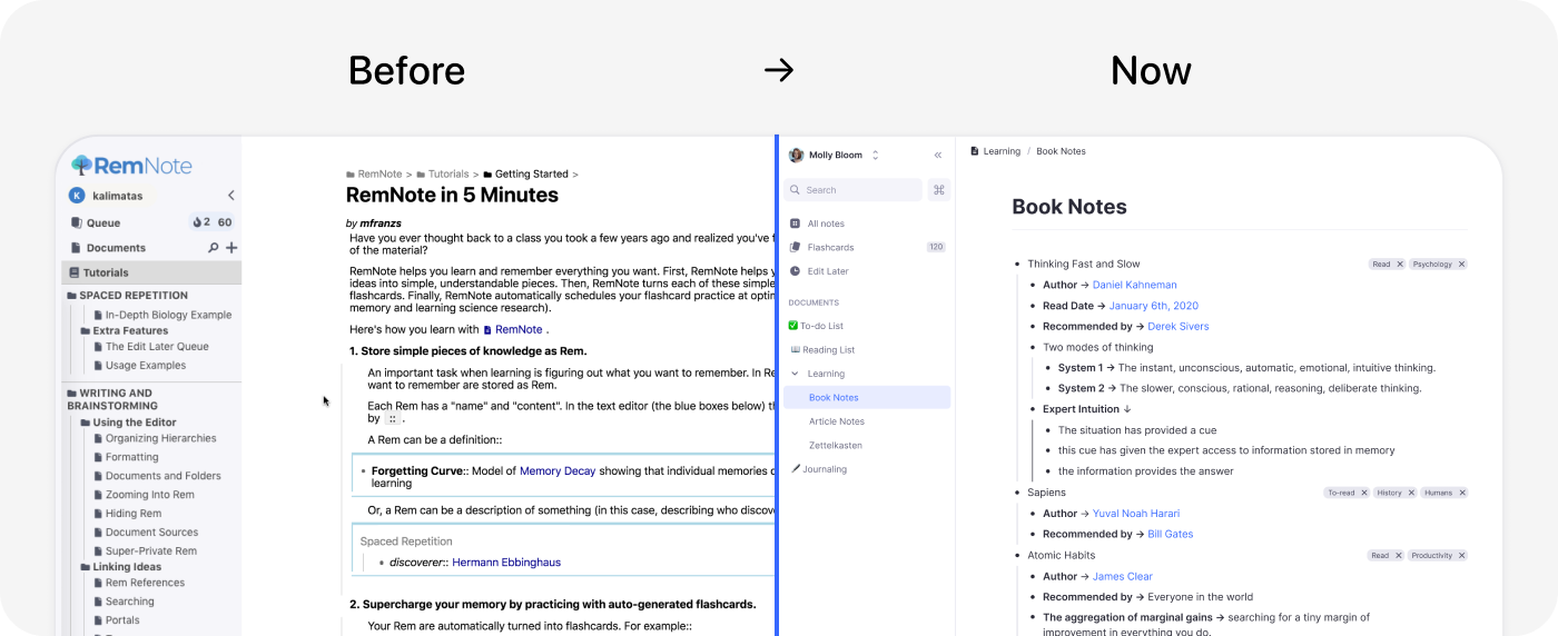 RemNote before the redesign versus after — a cluttered legacy UI on the left, the clean redesign on the right