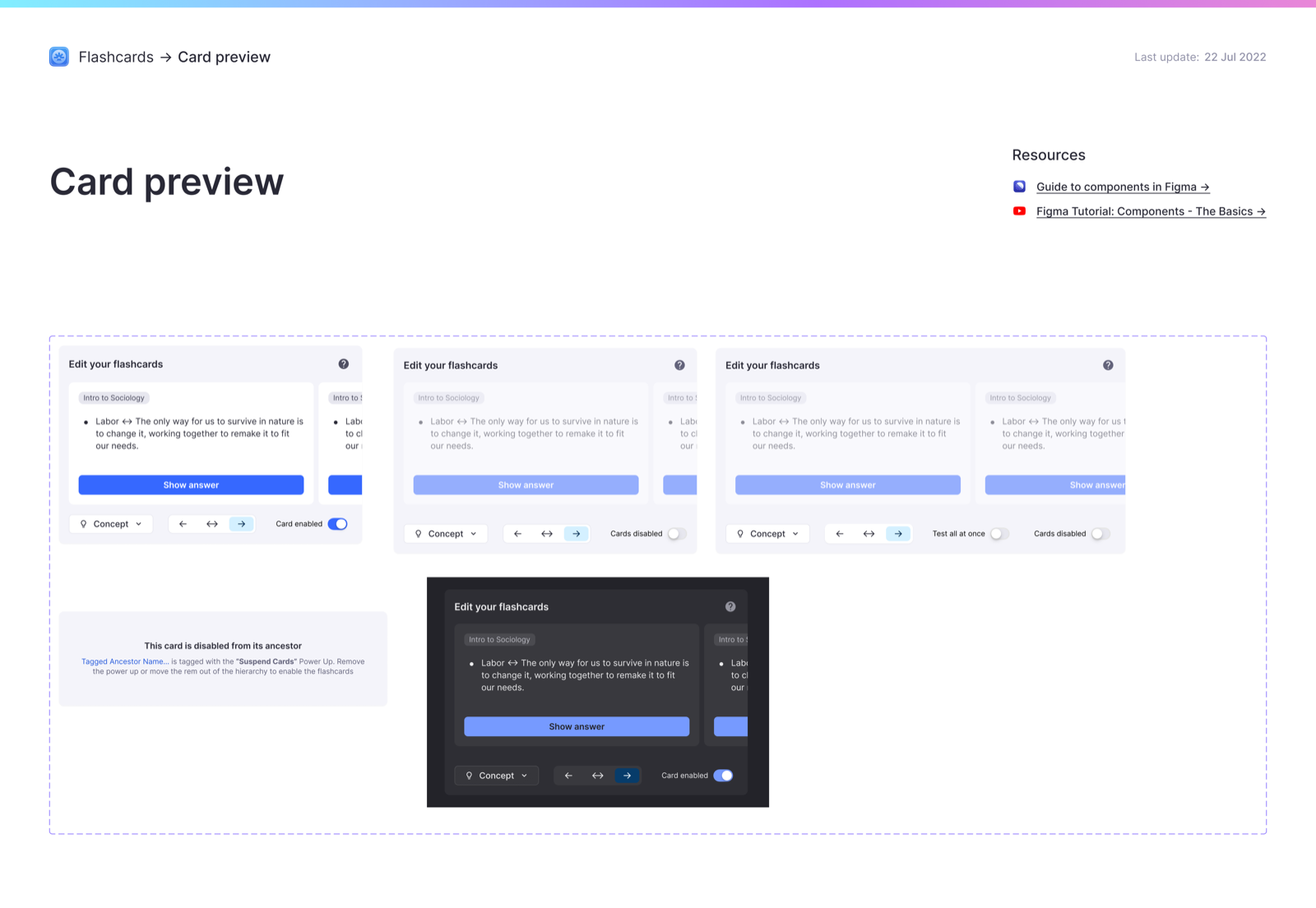RemNote flashcard card-preview component, documented across enabled, disabled, and dark-mode states