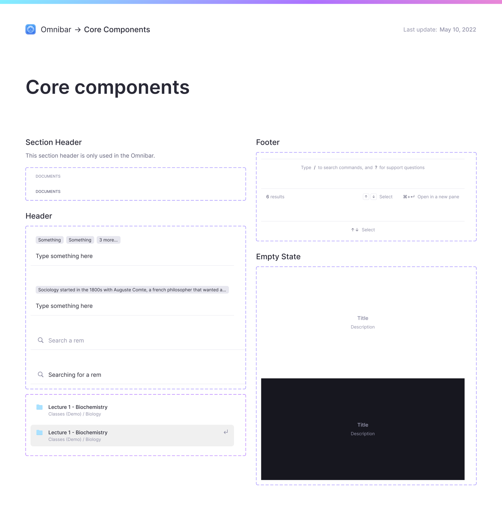 RemNote core component documentation — section header, header, footer, and empty state, each with usage notes
