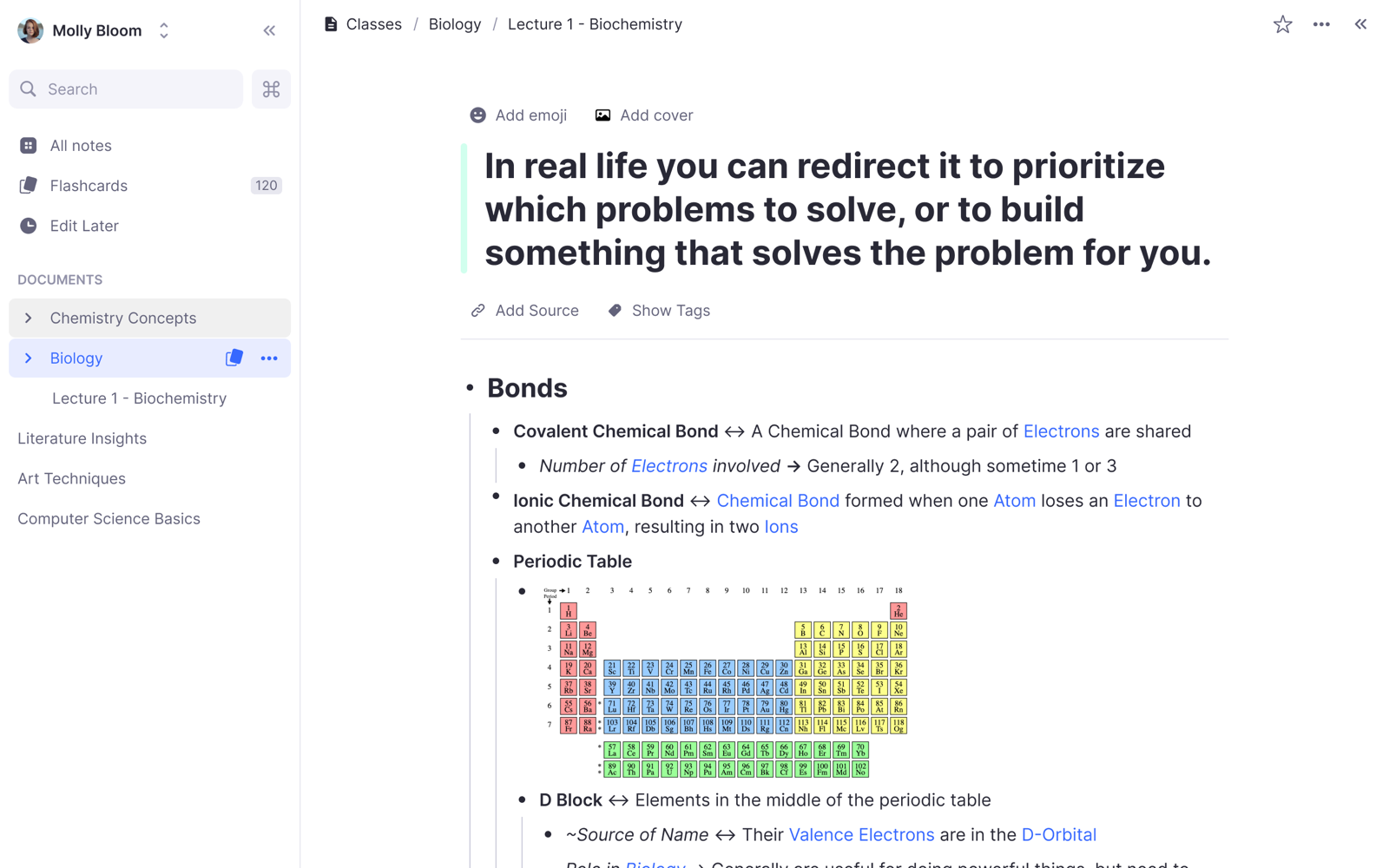 RemNote document with a highlighted callout block and richly formatted, cross-linked notes