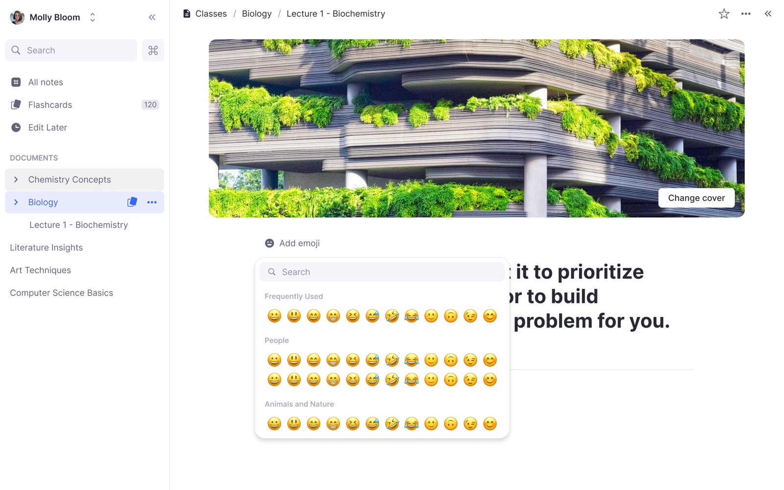 RemNote document customization — cover image and emoji picker for personalizing a document