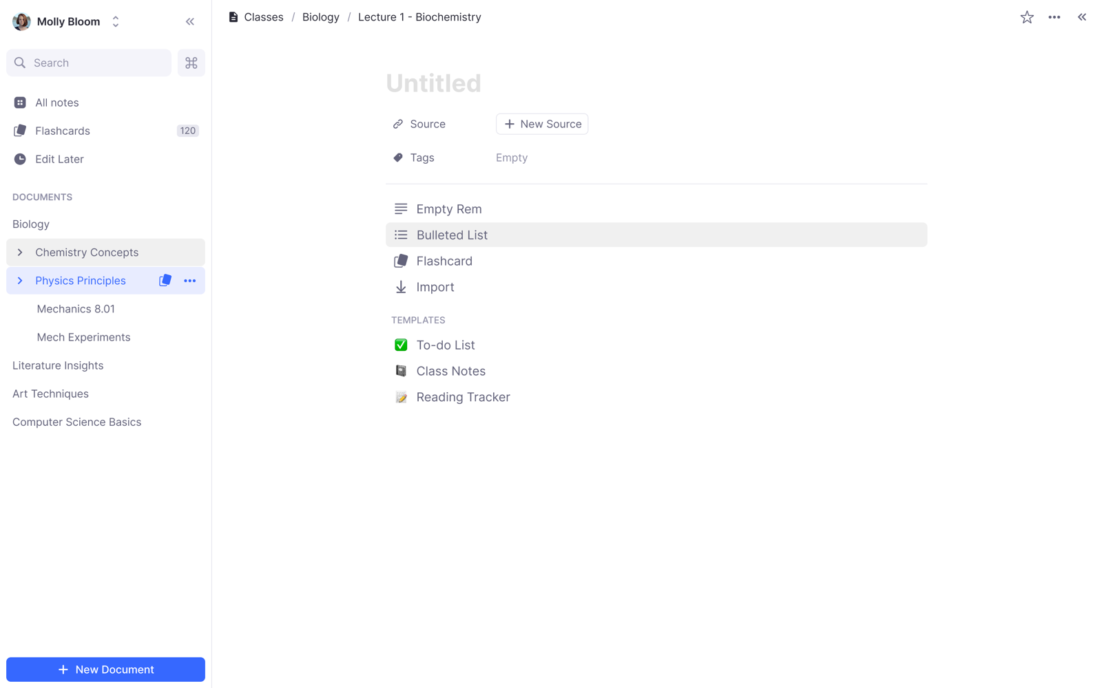 RemNote block picker — Empty Rem, Bulleted List, Flashcard, Import, and templates surfaced inline in an empty document