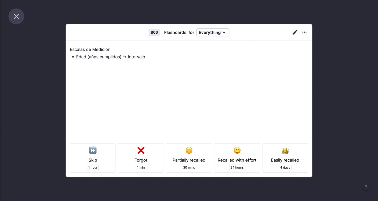 RemNote flashcard review — a card graded with spaced-repetition intervals from Skip and Forgot through Recalled with effort and Easily recalled