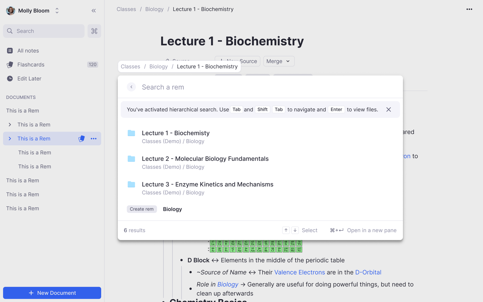 RemNote hierarchical search — navigating nested documents with Tab and Shift-Tab from a single search box
