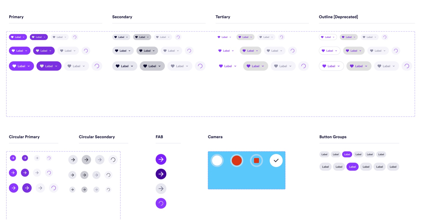 Warp button component set — primary, secondary, tertiary and outline variants across default, pressed, disabled and loading states, plus circular, FAB and button-group forms