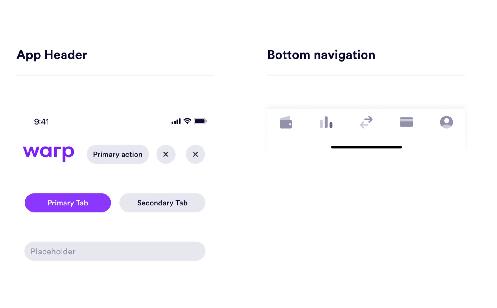Warp app header and bottom navigation components