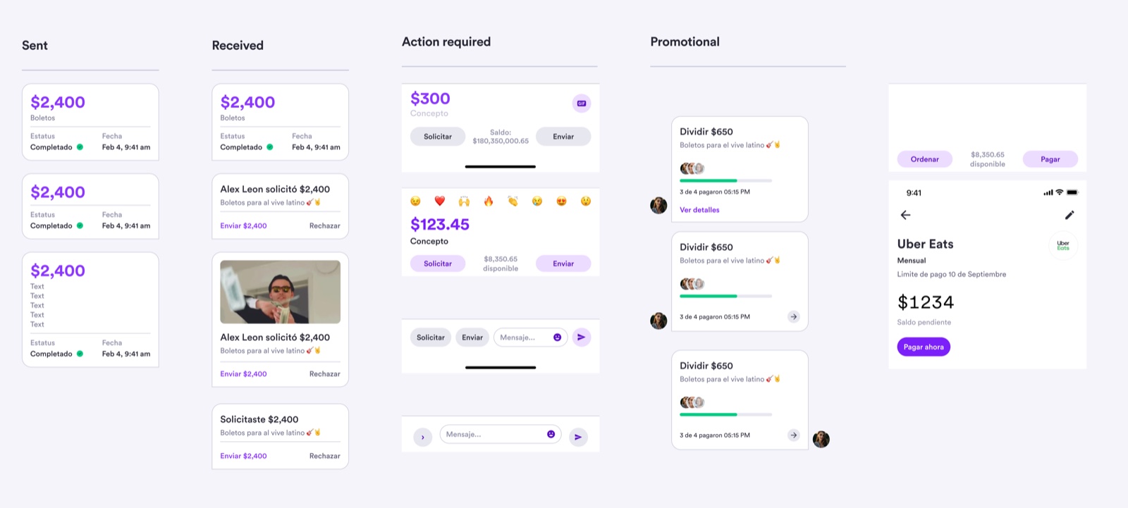 Warp payment-message components — sent, received, action-required and promotional states, including split-bill progress and a bill-payment reminder